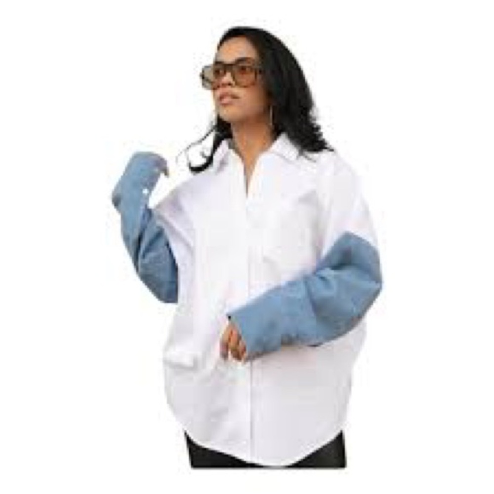 12th Tribe Oversized Button Down White Denim Sleeve One Size